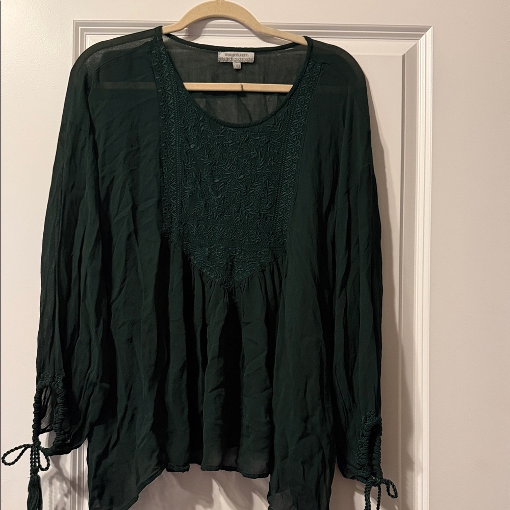 Cost Plus World Market Dark Green Embroidered Peasant Tunic